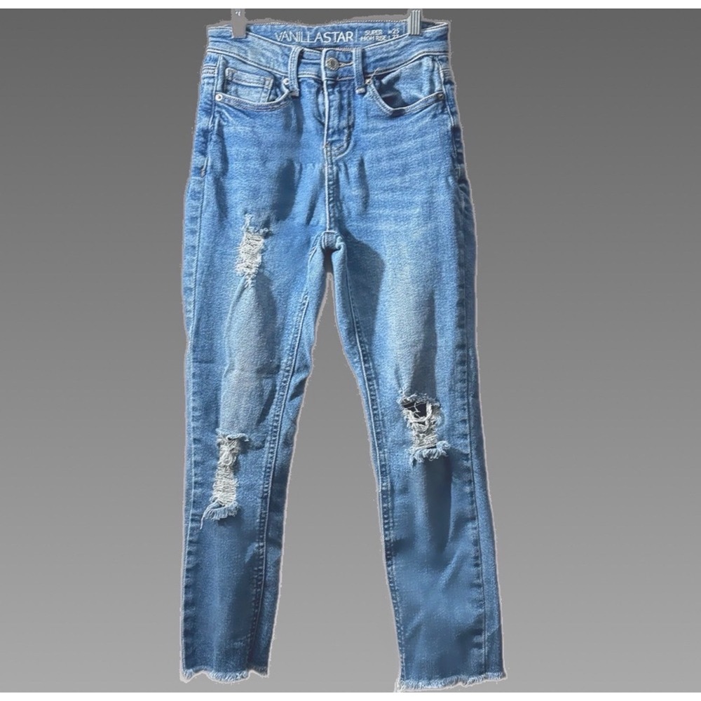 Vanillastar Women's Super High Rise Distressed Cropped Jeans Medium Wash Size 25